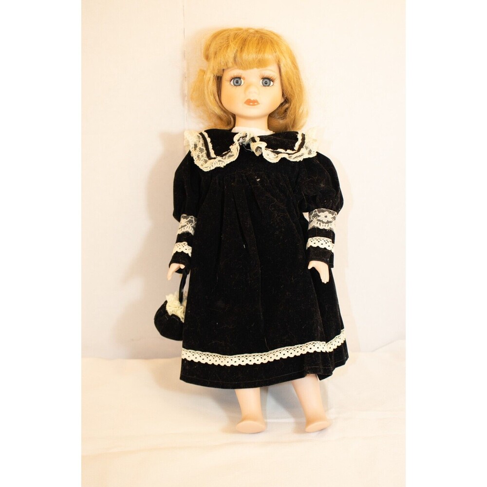 Vintage Porcelain Doll Collectible Black Velvet Dress Lace Trim 14" Tall Blonde